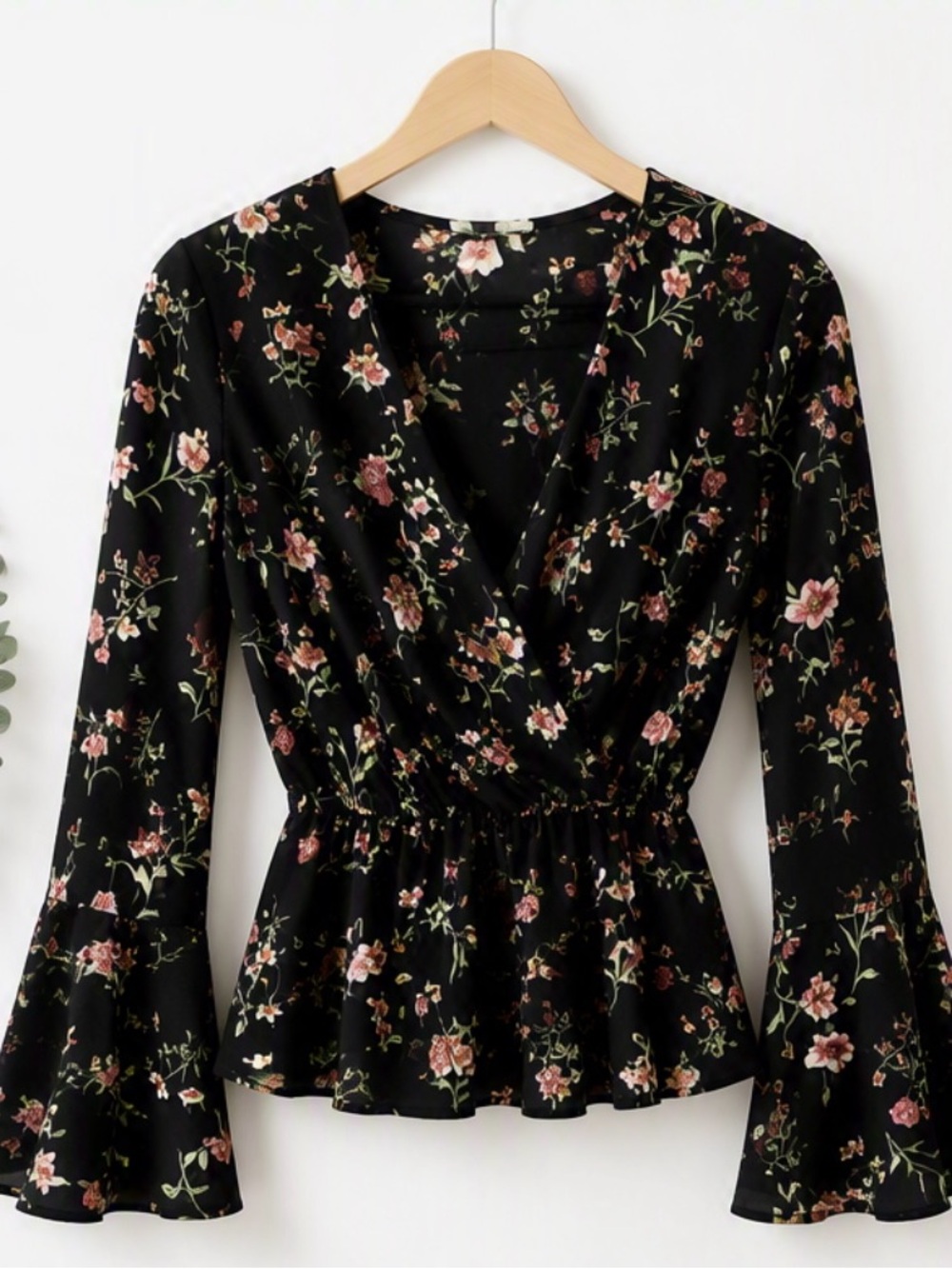Everly Black Floral Wrap Peplum Blouse - Pink & Cream Flowers